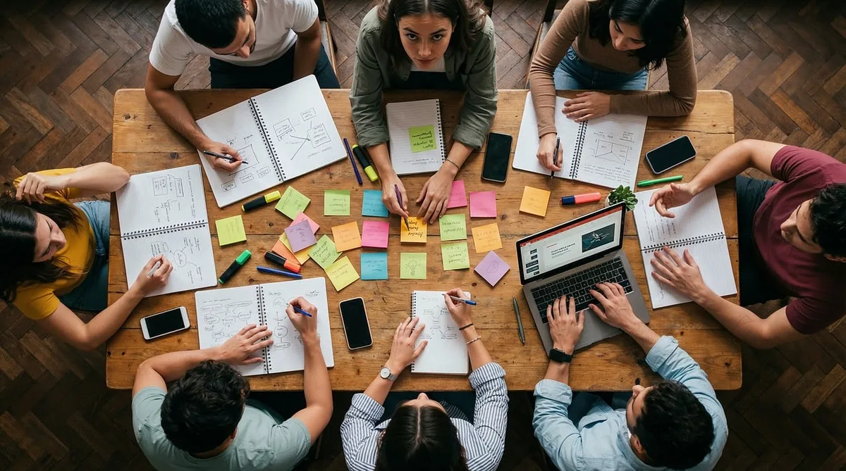 Managers en réunion analysant des notes et évaluations pour établir un diagnostic